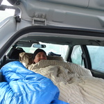 Rory, finding it difficult to leave his comfy double-bed-in-the-boot.