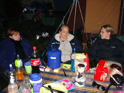 Vicky, Catherine and Nicky trying to stay warm on the freezing Rotorua night.