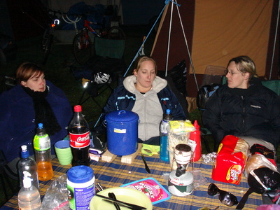 Vicky, Catherine and Nicky trying to stay warm on the freezing Rotorua night.