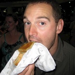 Paul enjoys half sausage roll at the Beer Festival (Jo in the background). The other half fell on the floor ....