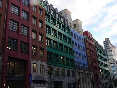 A colourful assortment of buildings - a change from the dreary grey