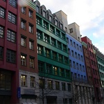 A colourful assortment of buildings - a change from the dreary grey