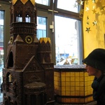 Gini in awe at one of the chocolate buildings inside this fantastic chocolate shop