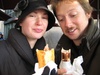Enjoying a Bratwurst sausage and Hotdog with the locals in Zurich.