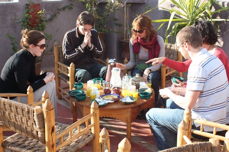 Christmas breakfast, bread, jams, crepes, croissants with tea and coffee