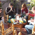 Christmas breakfast, bread, jams, crepes, croissants with tea and coffee