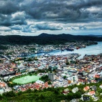 Panoramic of Bergen from on top of the cable car hill