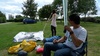 Anna and Perry arrive. Anna constructs the tent while Perry enjoys a bevvie. True gentlemanly style.