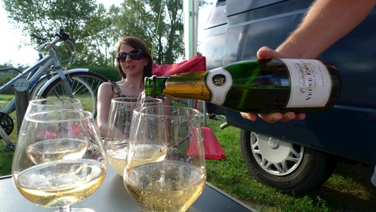 Celebrating our return with a tasty drop of champagne 
