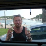 Tom gets ice creams while we wait in the ferry lane