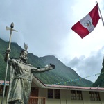 The fake statue made of spray painted plastic in Machu Piccu town's main square