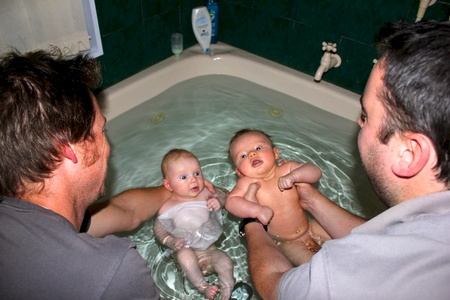 Olive's first bath with a boy! Don't get boy germs!