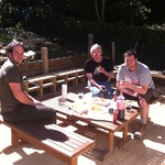 Andy pops up for fish and chips in the sun on the deck.