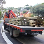 The wood arrives! Too big to fit down the drive, so it is shunted through the bush.
