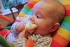 Sophie munching. Olive loves the texture of Sophie the giraffe, a present from Aunty Lauren and Uncle Paul.