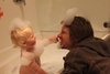 Bubble head. Wasn't so sure about the bubbles until Dada put some on his head and Lyon licked some.