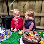 "Look at my purple bunny cake with m&m's Freya!"