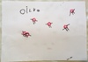 Jumping frogs, flowers and hearts. Signed by Olive.