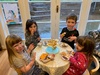 Juniâ€™s party. Best friend Maisie, birthday buddy Ivy and cuzzies for a spot of tea and cake. Drawing on plates, followed by pass the parcel, music cushions and pin the horn on the unicorn. Her first party and she loved it.