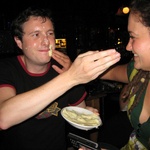 Zane and friend share some potato mash at the pub.