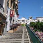 A tiny cafe on the left - with propped up chairs