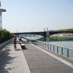 Swimming pool on the left, Rhone River on the right.