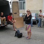 Finally our lift to "Zordan Bertrand" farm arrives. Tim waits patiently in the van.