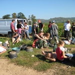 Bread, salami and wine time for the workers.