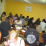 Scoffing down lunch in the dining room.