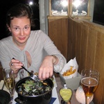 Mussel night #2! Celebrating our engagement, Bruges style, with beer, mussels, frites and a tasty curry dipping sauce. Yum.