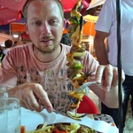 Impressive looking, but unfortunately overcooked meat and seafood on a skewer.