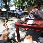Enjoying tea by the water in a lovely cafe